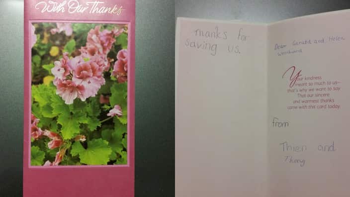 The thank you card Helen Evans received after the rescue. (SUPPLIED)
