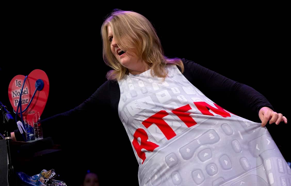 Thea Blackler speaks after receiving the Ig Nobel award in literature.