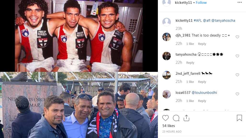 Nicky Winmar pictured with Saints team mates Dale Kickett and Gilbert McAdam in 1990.