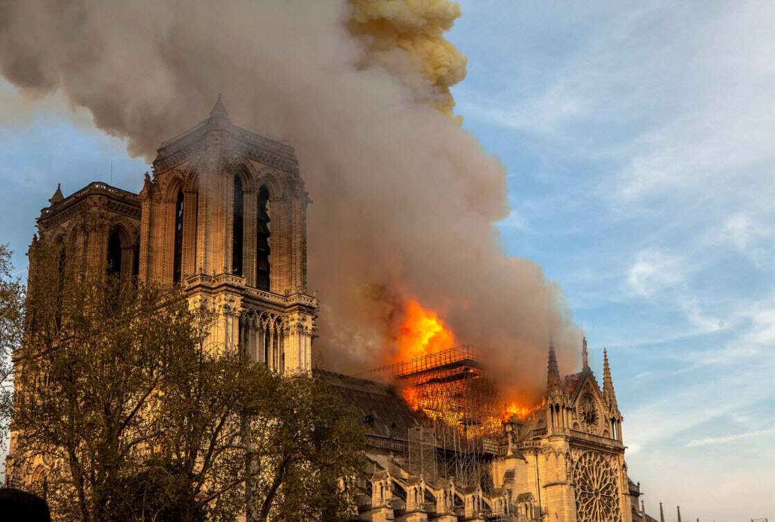 This photo taken on Monday April 15, 2019 shows Notre Dame cathedral burning in Paris (AAP)