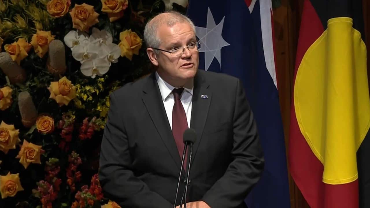 Scott Morrison speaking at Bob Hawke's state memorial service.