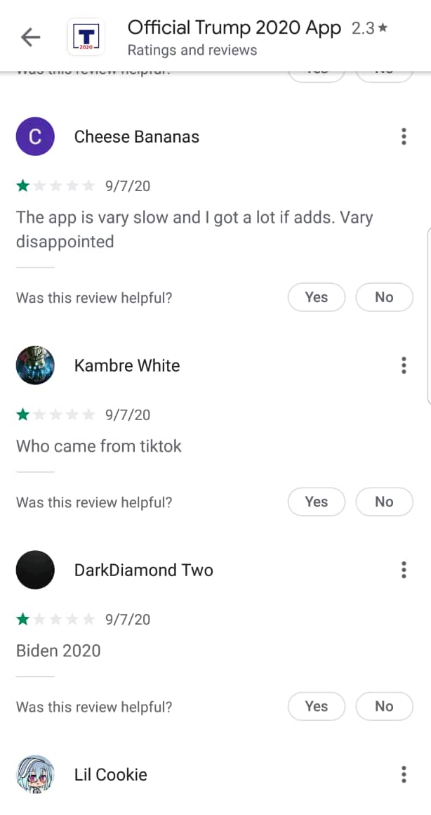 Recent reviews on Donald Trump's campaign app.