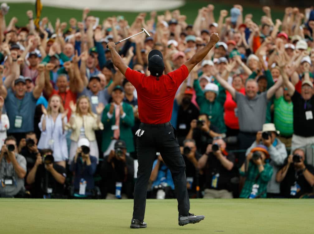 Tiger Woods reacts as he wins the Masters golf tournament Sunday April14 2019 (AAP)