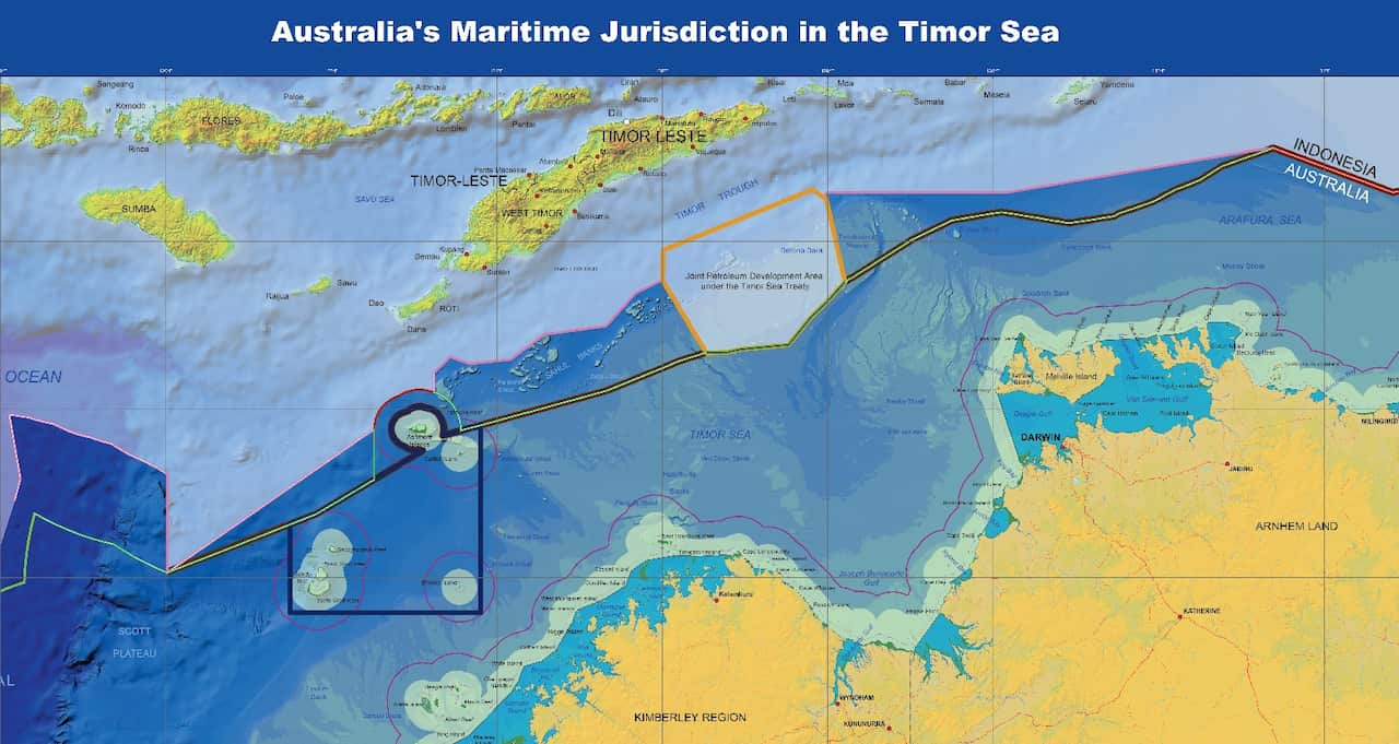 Image from Australia's Geoscience website shows the Joint Petroleum Development Area (orange box) and the green Economic Zone Treaty Boundary