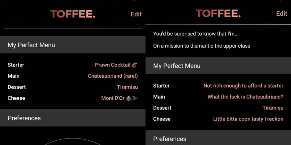 Toffee menu