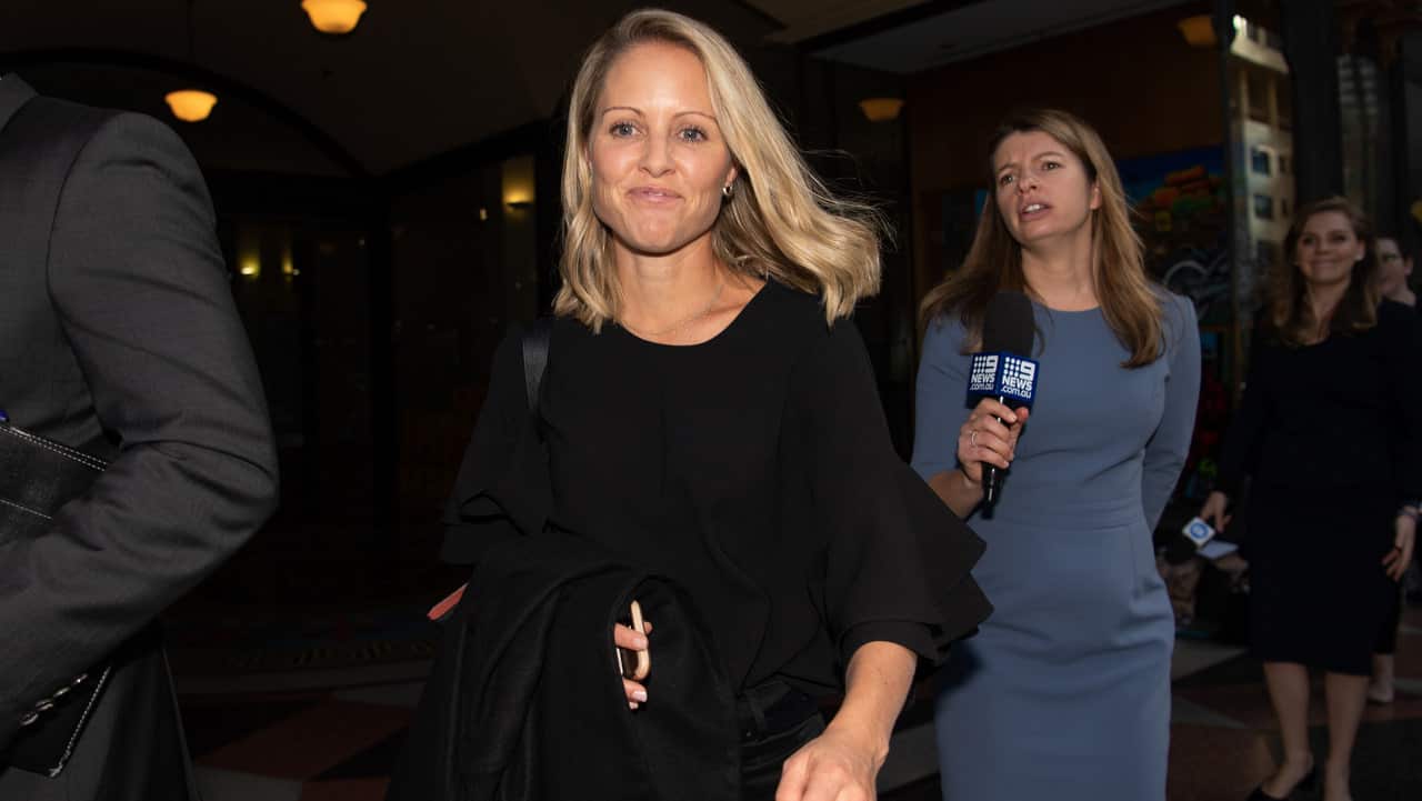 Tracy Hall, former girlfriend of Hamish McLaren, leaves the Downing Centre District Court.