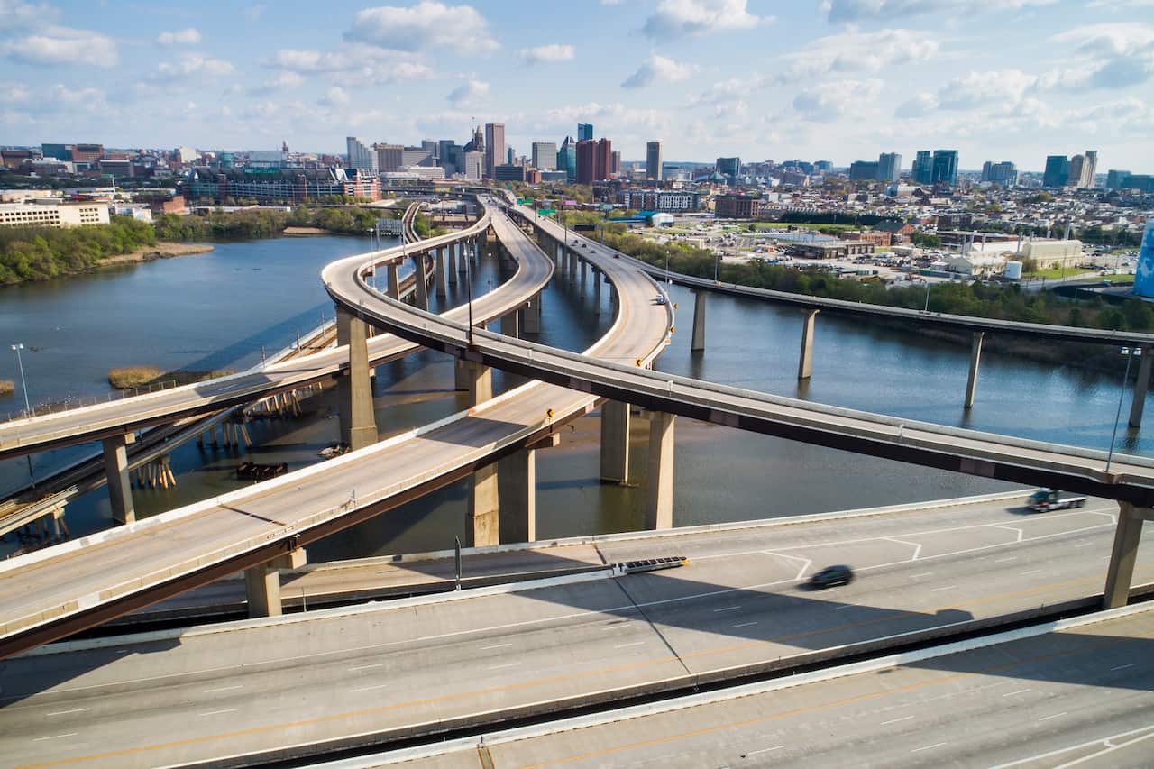 Rush hour traffic is light on I-95 and 395 into Baltimore, Maryland, USA, 16 April 2020.  