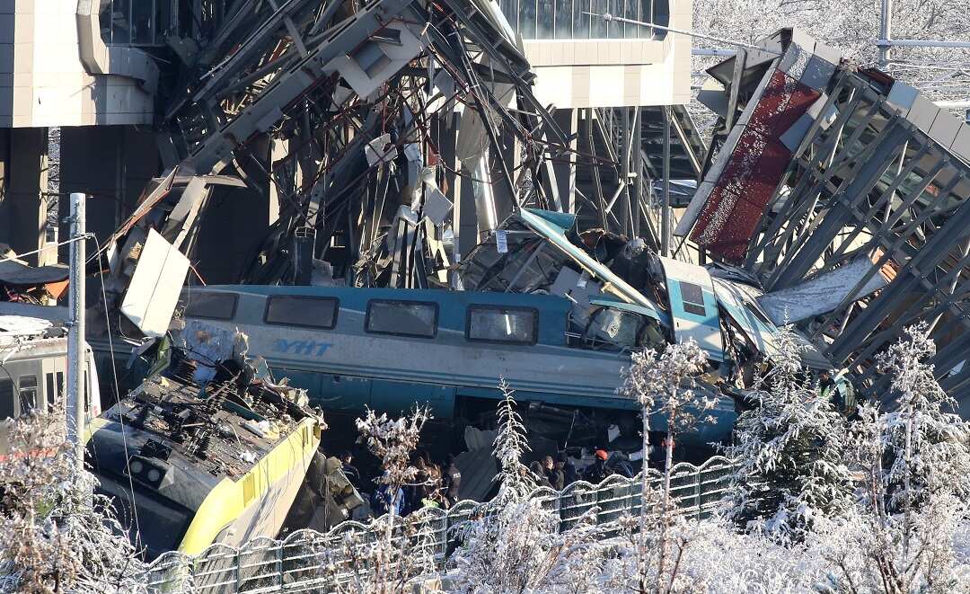 The high speed train crashed into a locomotive on the same track. 