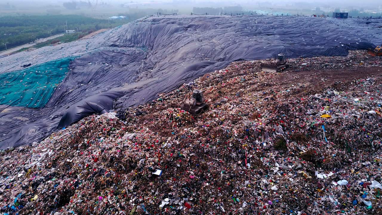 Aerial view of a garbage dump near Yellow River in Jiyang county, Ji'nan city, east China's Shandong province.