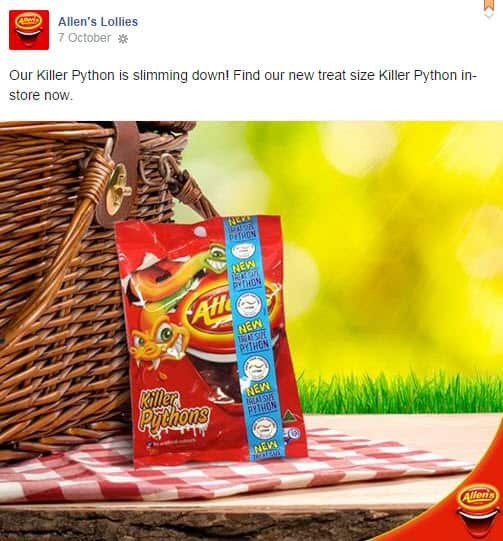 Nestle has shrunk the Killer Python by half in a bid to lower its sugar levels. (Facebook: Allen's Lollies)