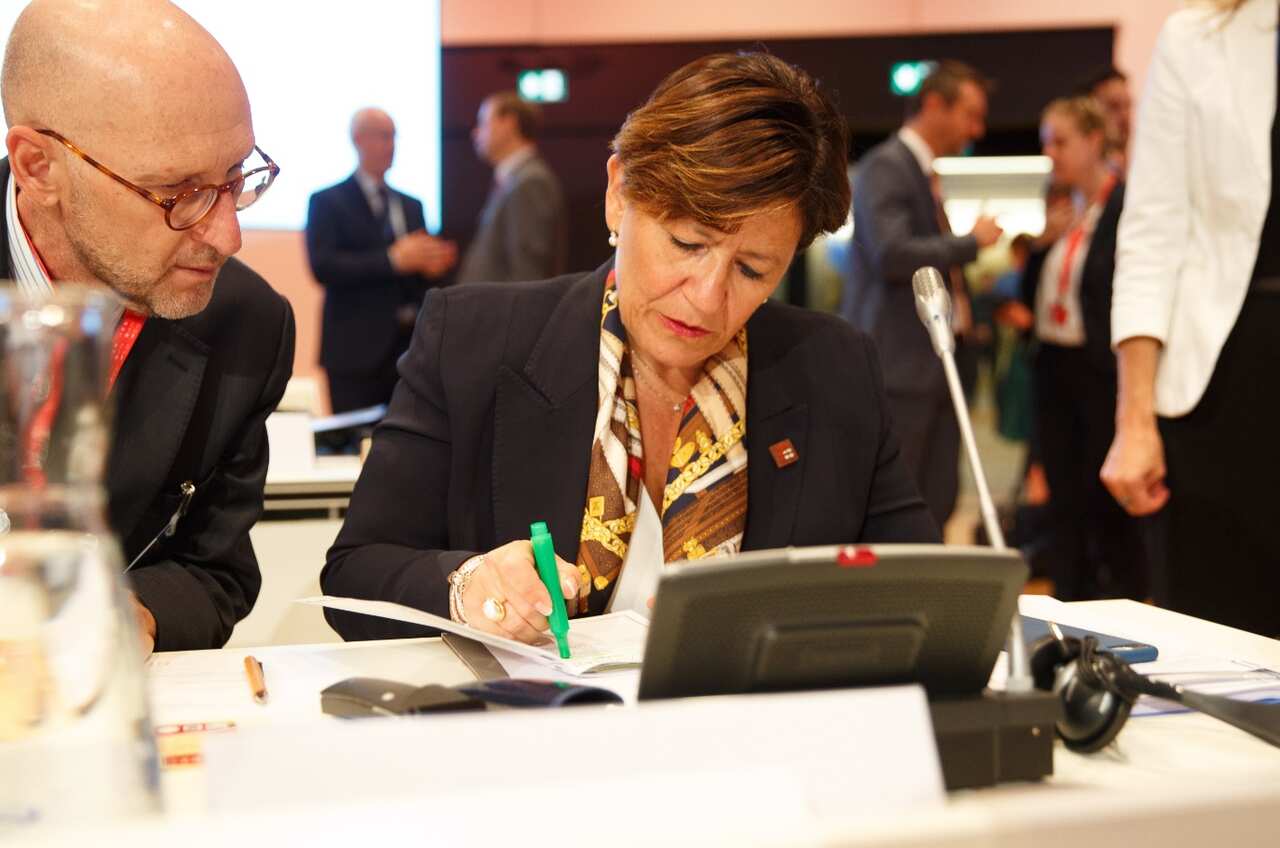 File: Italian Defense Minister Elisabetta Trenta (R) during the informal meeting of European Union defense ministers at the Austria Center Vienna