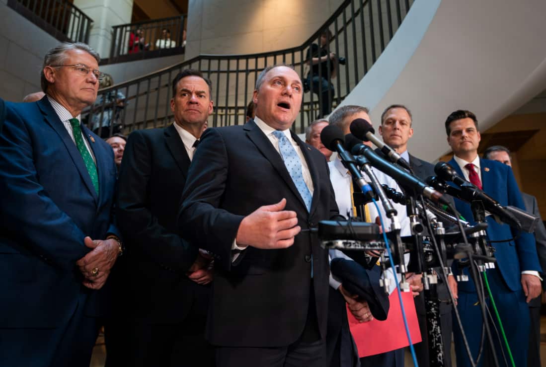 Republican Steve Scalise speaks to the media after he and two dozen other Republican lawmakers stormed the hearing. 