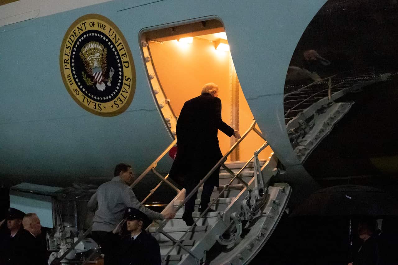 The US president boards Air Force One at Ramstein Air Field, Germany, following the visit. 