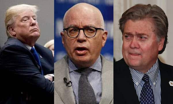 Donald Trump (L), Michael Wolff (C) and Steve Bannon