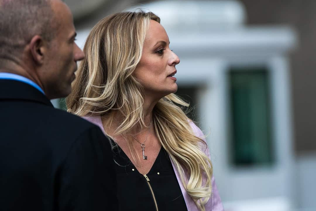 Stephanie Clifford, the porn star better known as Stormy Daniels, speaks to reporters outside a federal courthouse after a hearing involving Michael Cohen, President Donald Trump's longtime personal lawyer, in New York, April 16, 2018.
