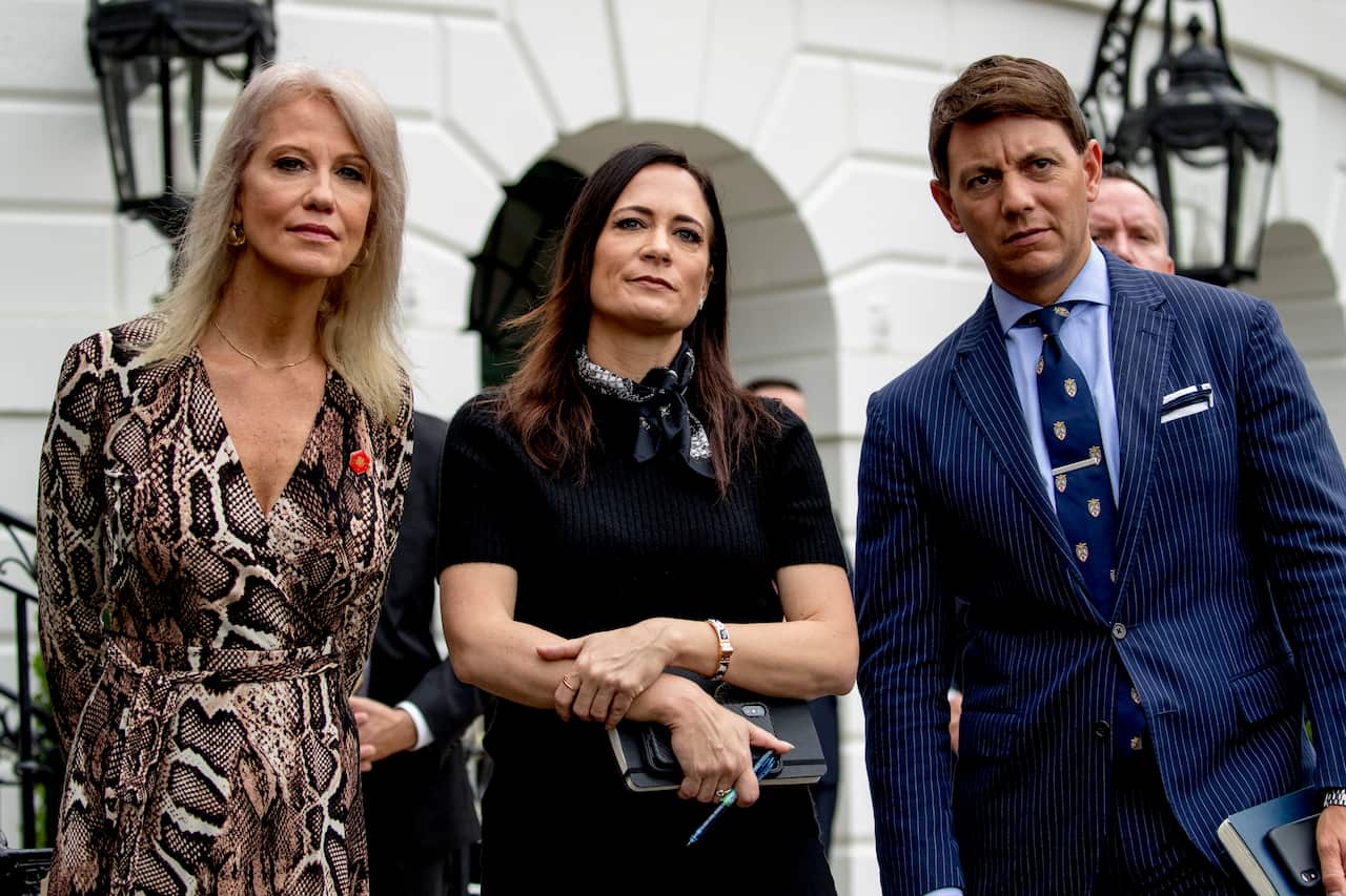Counselor to the President Kellyanne Conway, White House press secretary Stephanie Grisham, and Deputy White House press secretary Hogan Gidley.