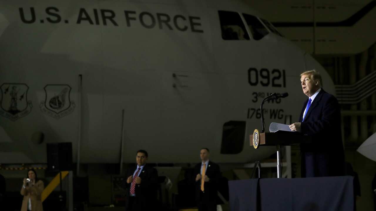President Donald Trump speaks to service members at Elmendorf Air Force Base.