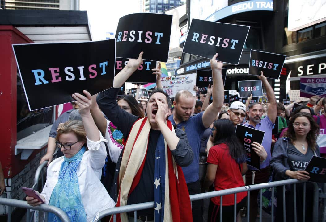 Protesters took to New York's Times Square to argue the ban. 