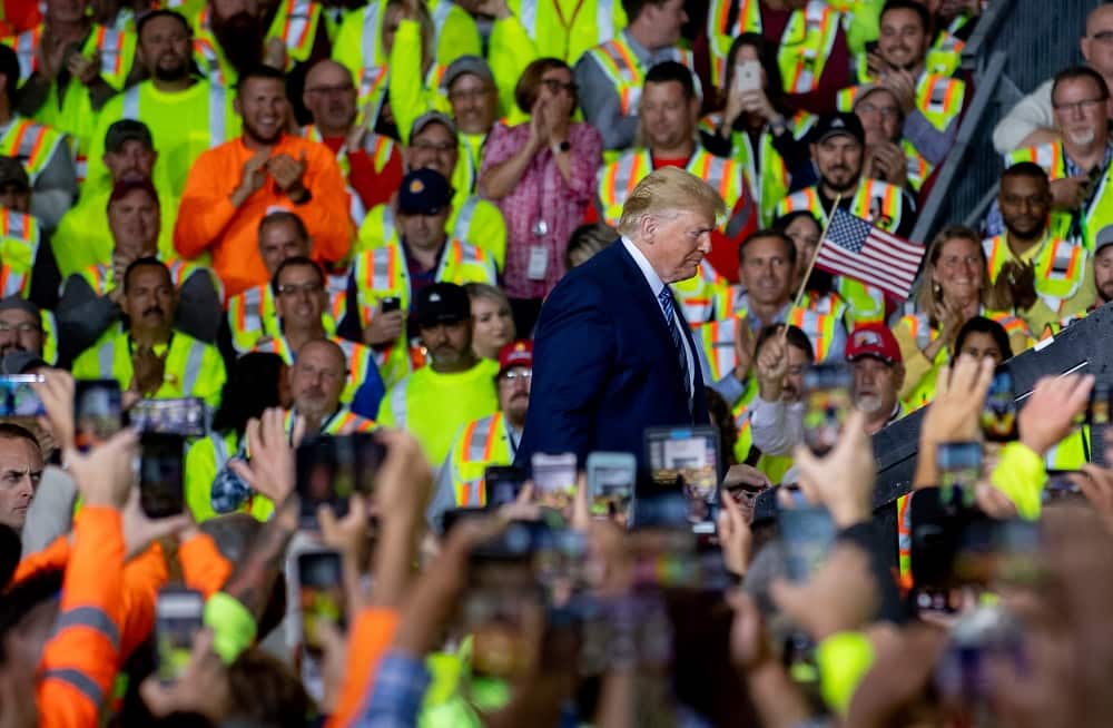 US President Donald Trump speaks to 5000 contractors at the Shell Chemicals Petrochemical Complex on August 13, 2019.