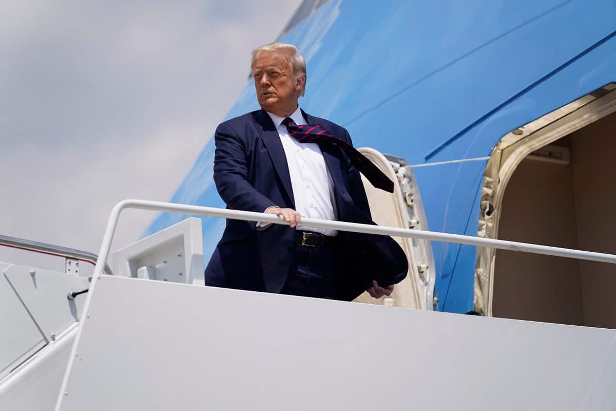 President Donald Trump boards Air Force One for a trip to visit Bioprocess Innovation Center at Fujifilm Diosynth Biotechnologies.