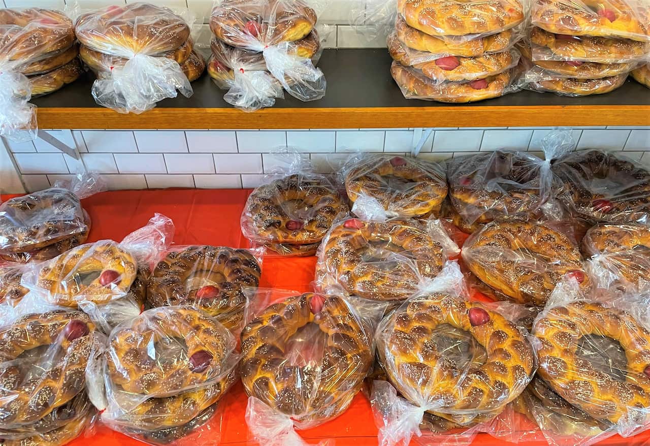 Tsoureki, bagged and ready for sale, at Trianon Cake Shop