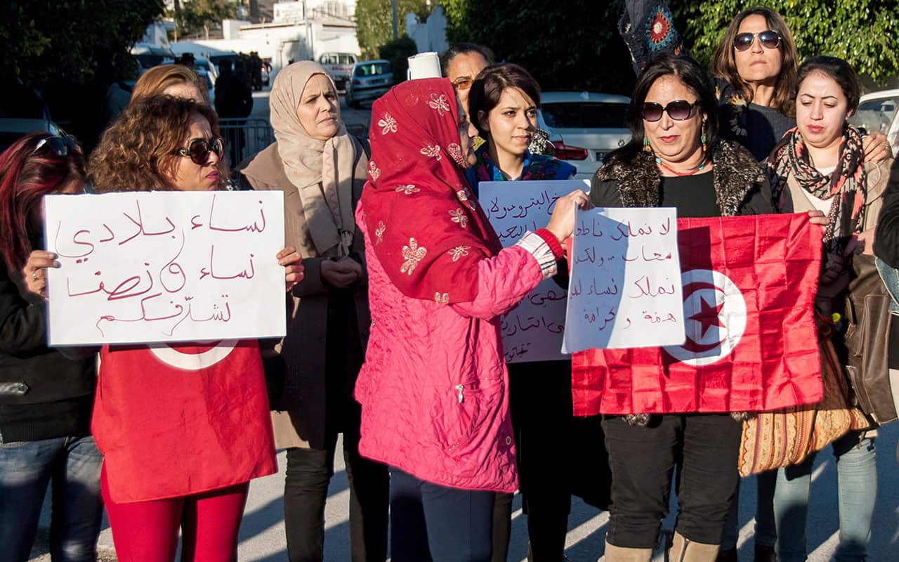 Tunisian women stage a protest near the United Arab Emirates' embassy in Tunis, Tunisia, Monday December 25, 2017.