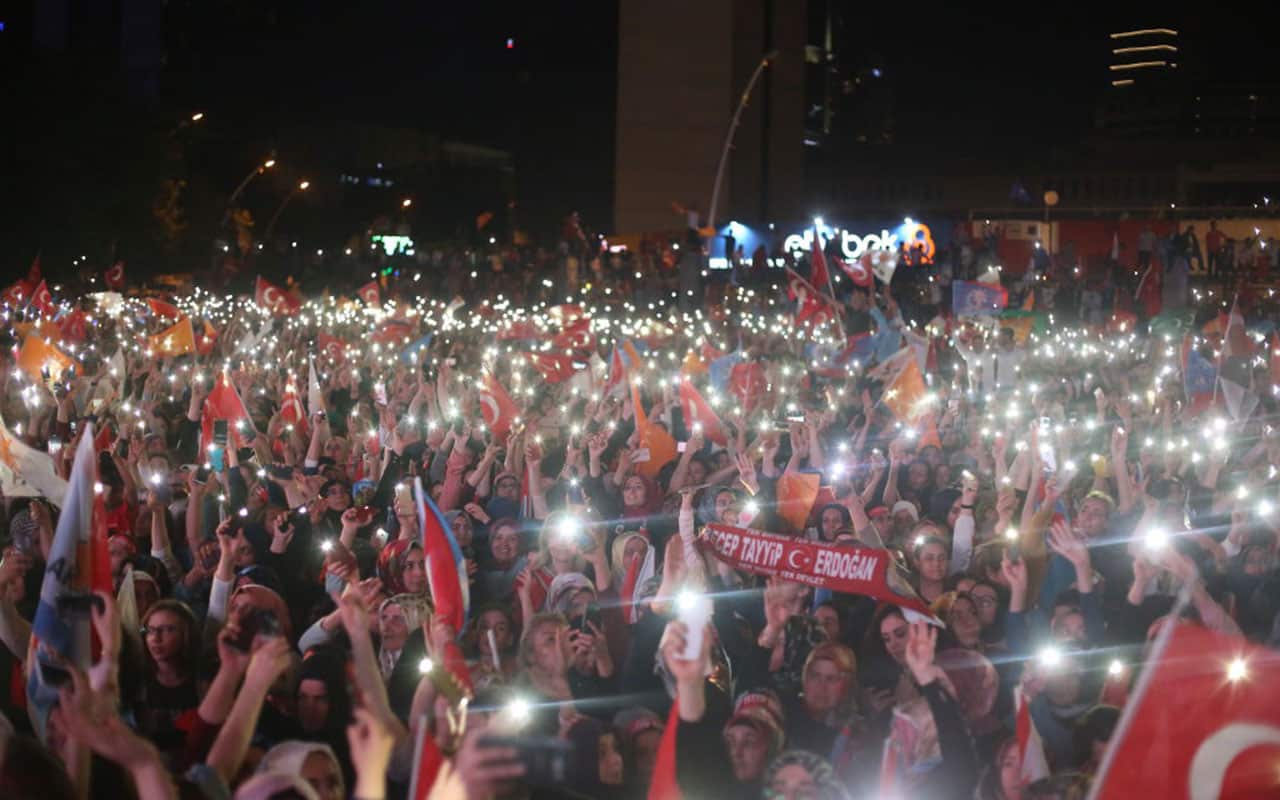 Erdogan's supporters celebrate outside the AK party headquarters on June 24, 2018 in Ankara, Turkey.