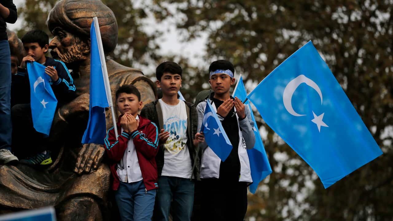 People from the Uighur community living in Turkey carry flags of what ethnic Uighurs call East Turkestan.