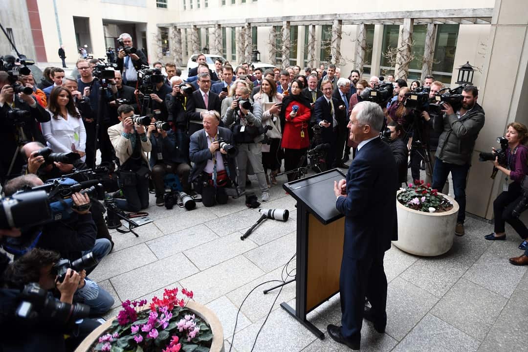 Australian Prime Minister Malcolm Turnbull addresses the media in the Prime Ministers Courtyard at Parliament House in Canberra, Thursday, August 23, 2018. (AAP Image/Sam Mooy) NO ARCHIVING