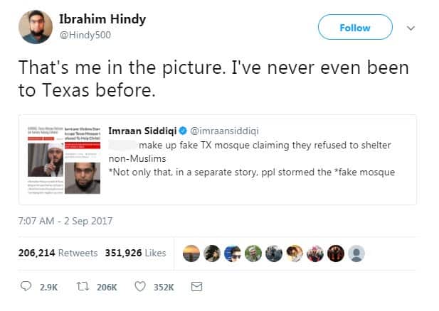 Ibrahim Hindy tweeted claiming his photo was being used in fake news.