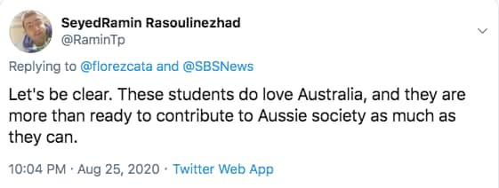 A tweet supporting the Iranian students