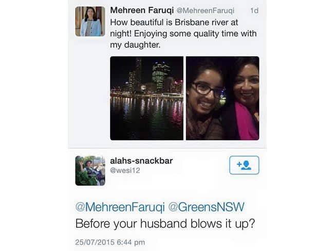 Twitter exchange between Mehreen Faruqi and @wesi12