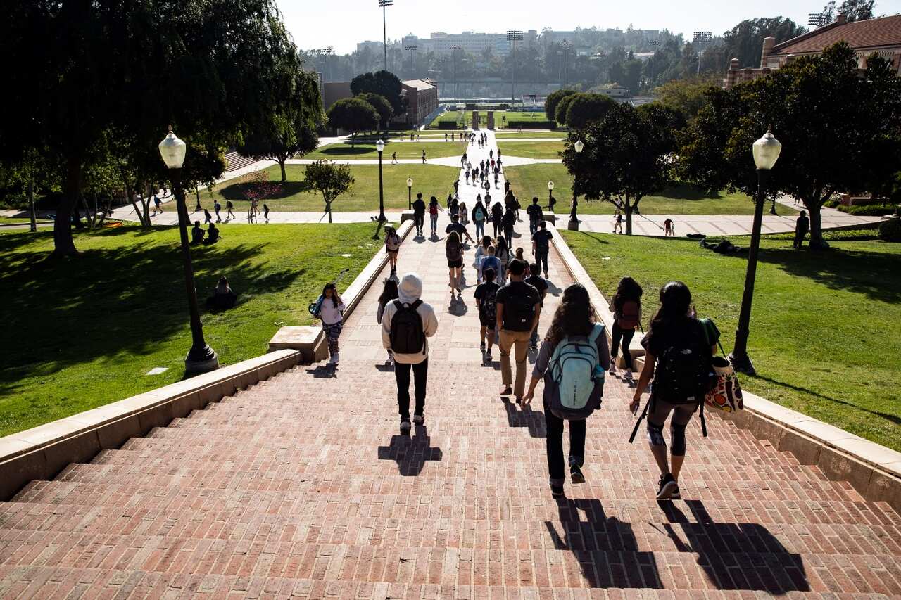 Students walk down a large outdoor staircase at the University of California Los Angeles (UCLA) campus in Los Angeles, California, USA, 25 April 2018.