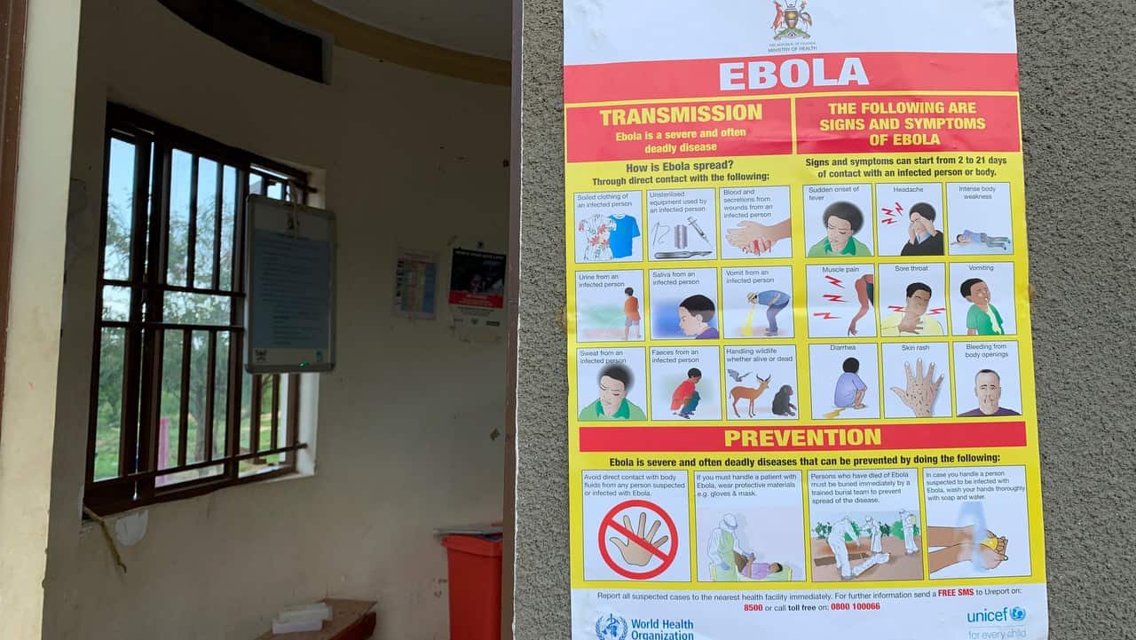 An Ebola-prevention information sign at the Ndaiga Health Centre II, near the border with Congo, in Kagadi district, western Uganda.