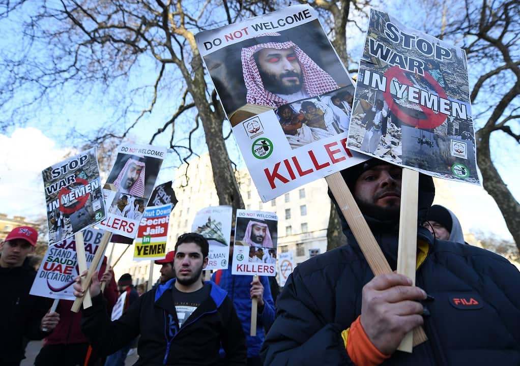 The Crown Prince was greeted by protesters during his visit to Downing Street and meeting with Theresa May in London.