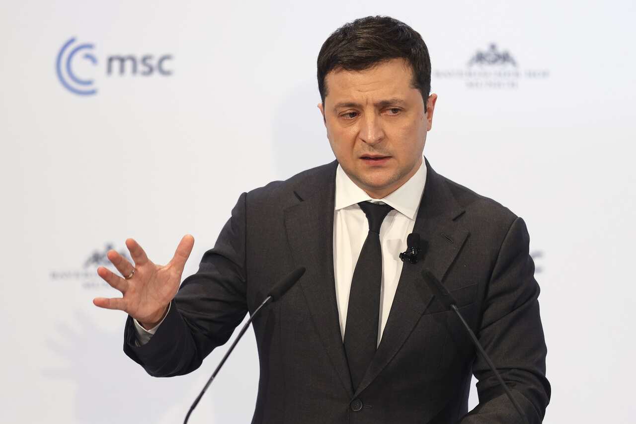 Ukrainian President Volodymyr Zelensky delivers a statement during the 58th Munich Security Conference.