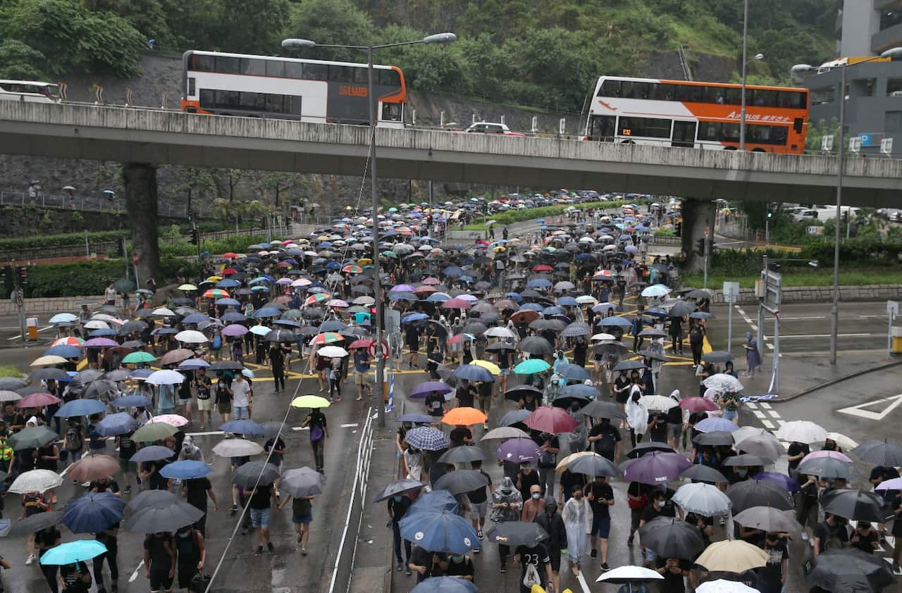 Protesters take part in an anti-government rally in Kwai Fung and Tsuen Wan, Hong Kong, China, 25 August 2019. 