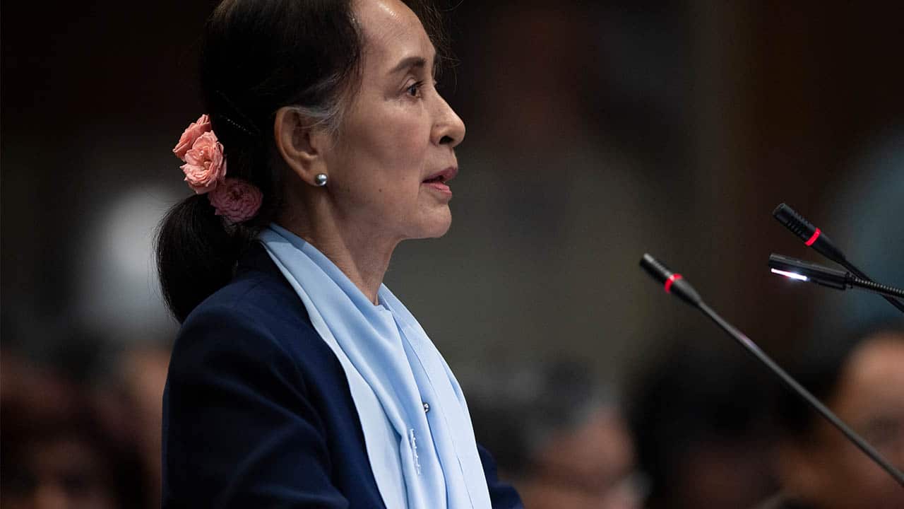 Myanmar's leader Aung San Suu Kyi addresses judges of the International Court of Justice.