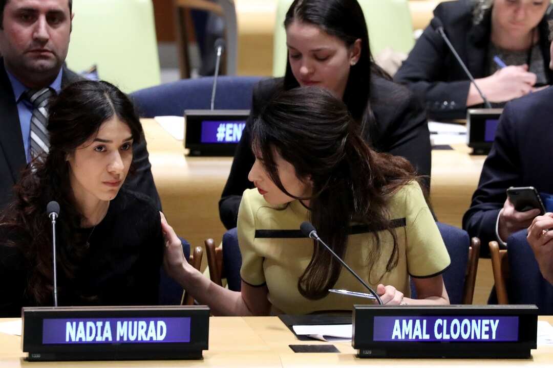 Murad, left, at 'The Fight against Impunity for Atrocities: Bringing Daesh to Justice' event at the UN last year.