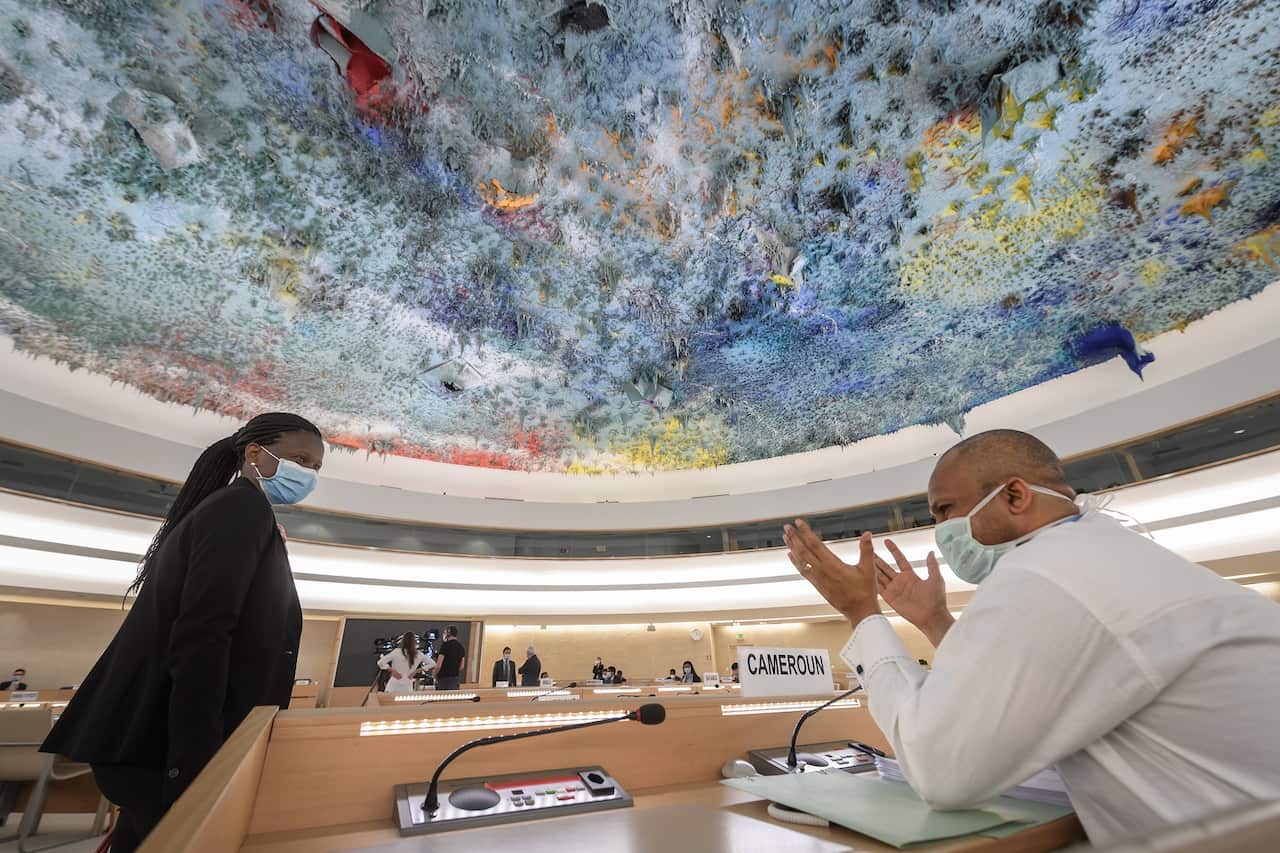 A UN delegate from Cameroon gestures prior to the vote of a watered down resolution condemning police brutality.