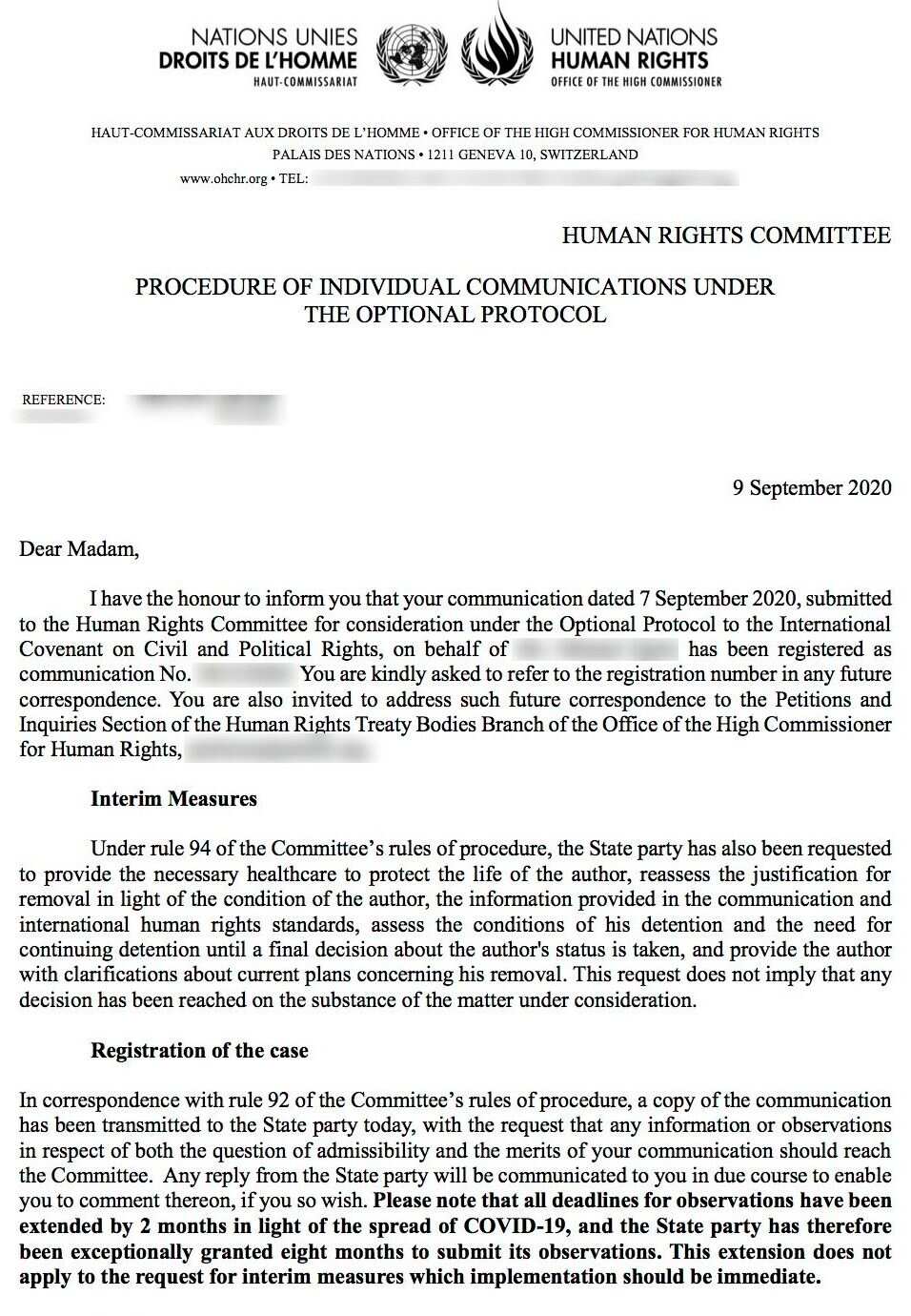 The UN letter includes a request that the man be provided with the “necessary healthcare” to protect his life.