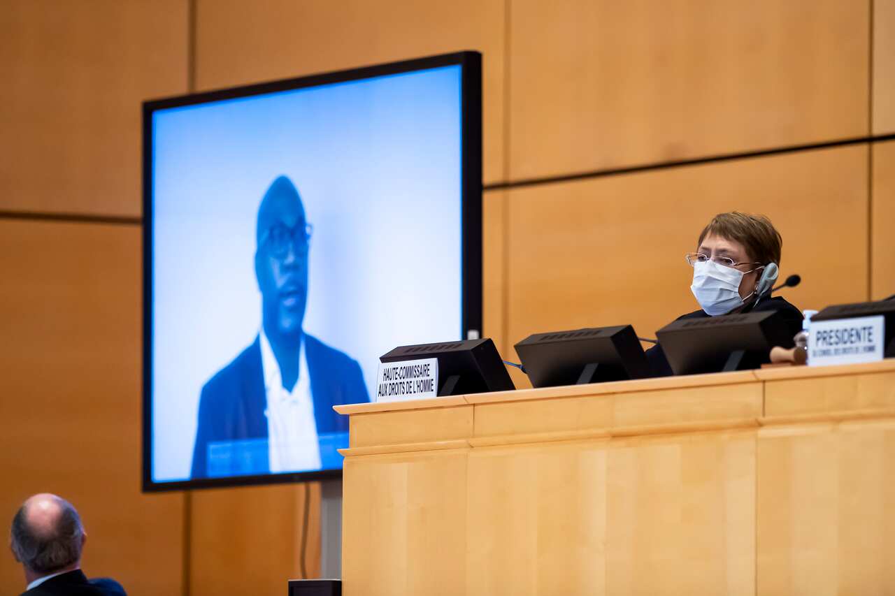 Philonise Floyd, brother of George Floyd speaks to the High Commissioner for Human Rights, Michelle Bachelet, at the Human Rights Council in Geneva.