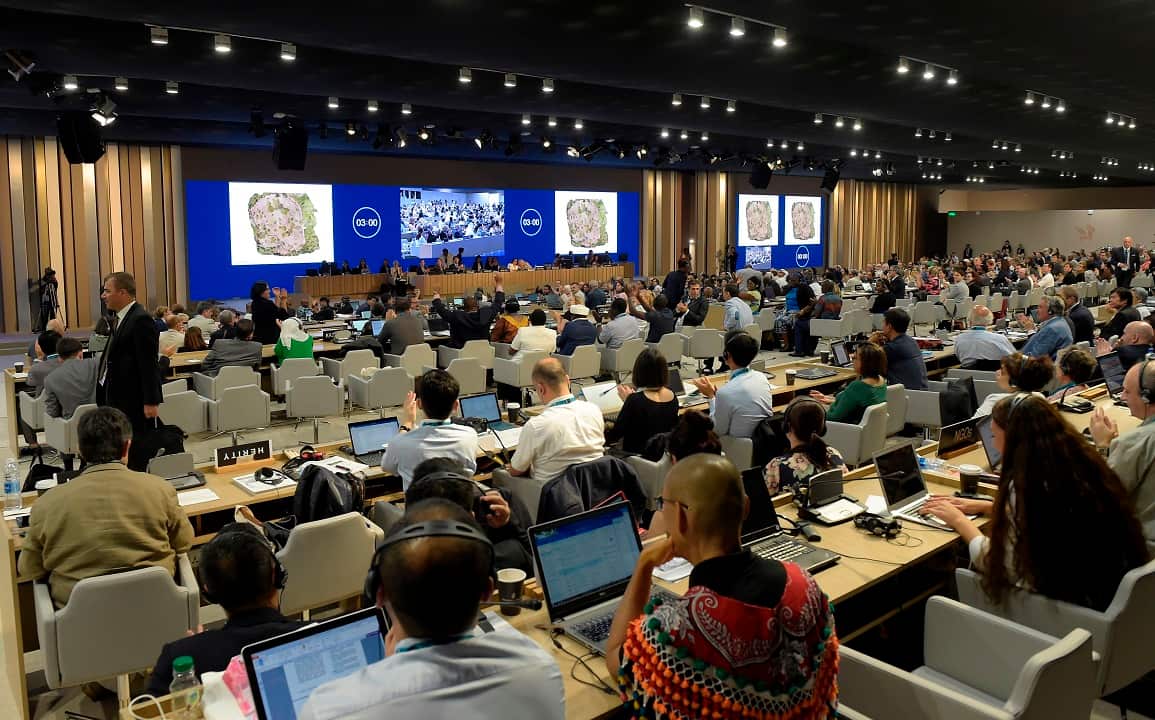 Delegations attend the United Nations Educational, Scientific, and Cultural Organization's (UNESCO) 42nd session of the world heritage meetings in Manama.