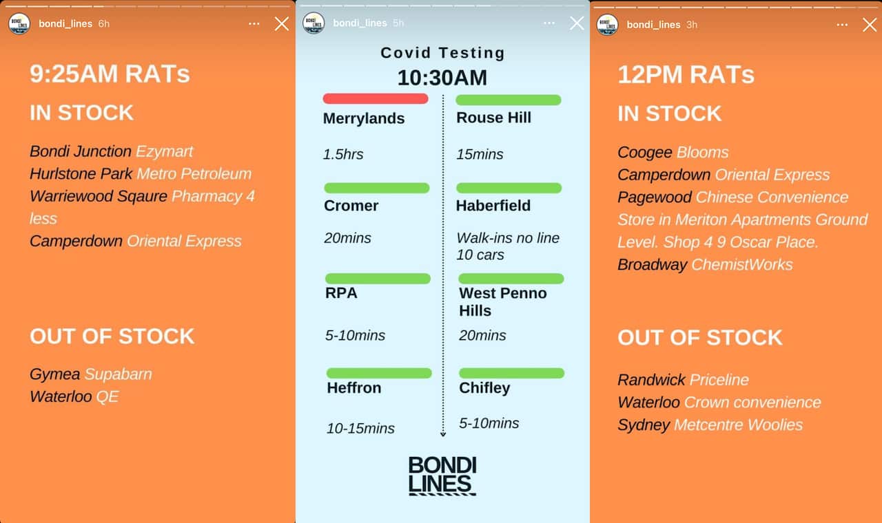 The Instagram account @bondilines posts PCR COVID-19 testing wait times and RAT availability to their stories.