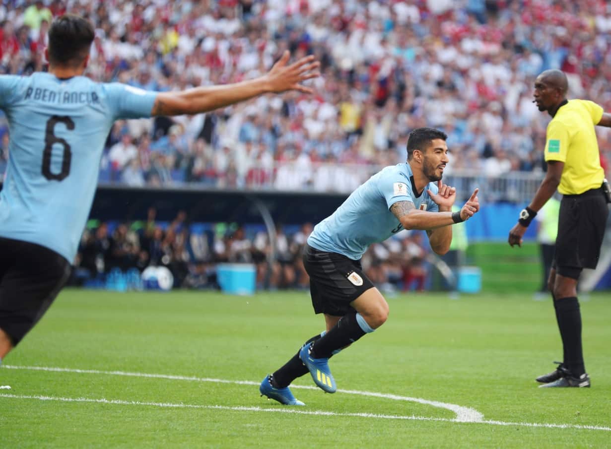 Luis SUAREZ (9) celebrates after scoring the opener by free kick in the first half during the match of the first stage 