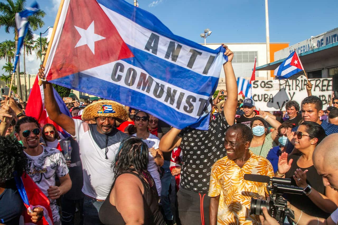 Cuban exiles rallies at Versailles Restaurant in Little Havana in support of protestors in Cuba on 11 July 2021.
