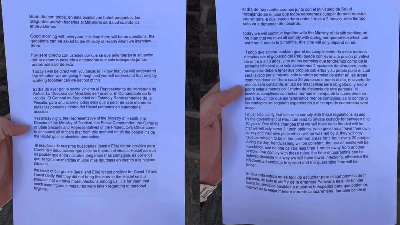 The letter from Pariwana Hostel management provided to guests.