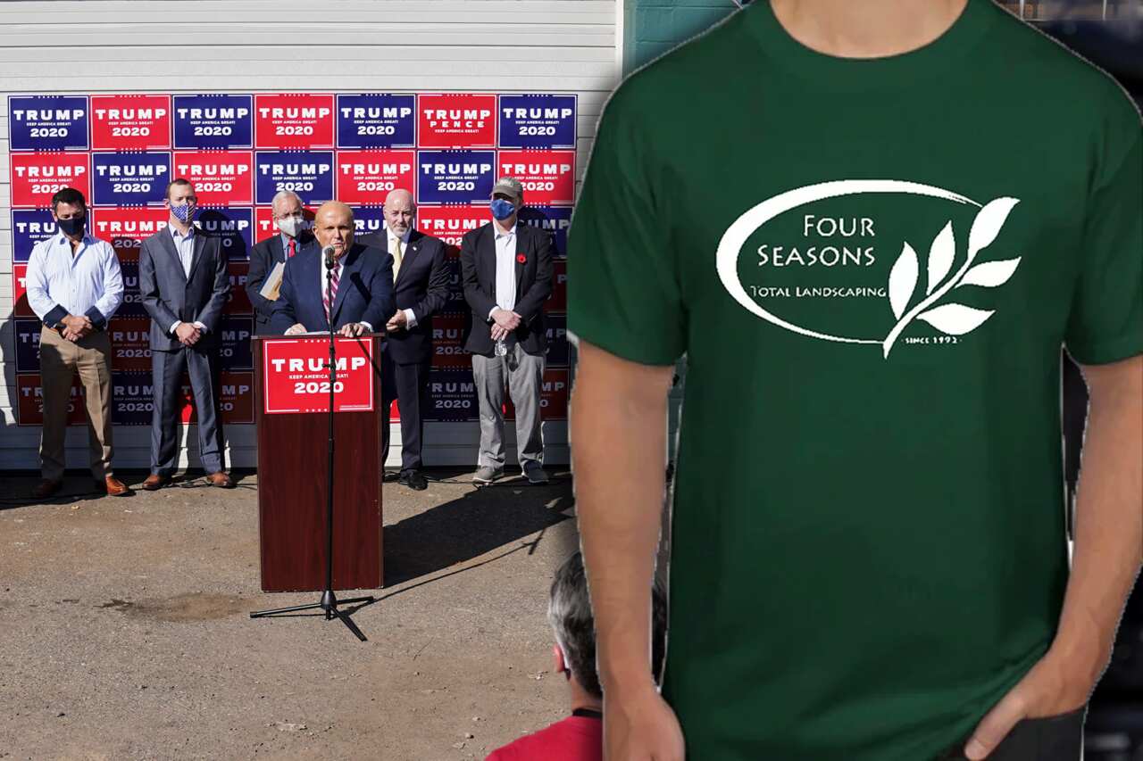 Four Seasons Total Landscaping in Philadelphia say they have been inundated with requests for merch after Trump campaign booked them for a media conference. 