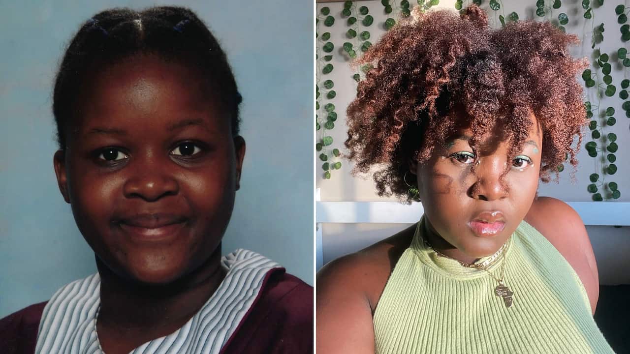 Ms Mazikana in Year 7 (left) and with her natural hair after finishing school (right). 