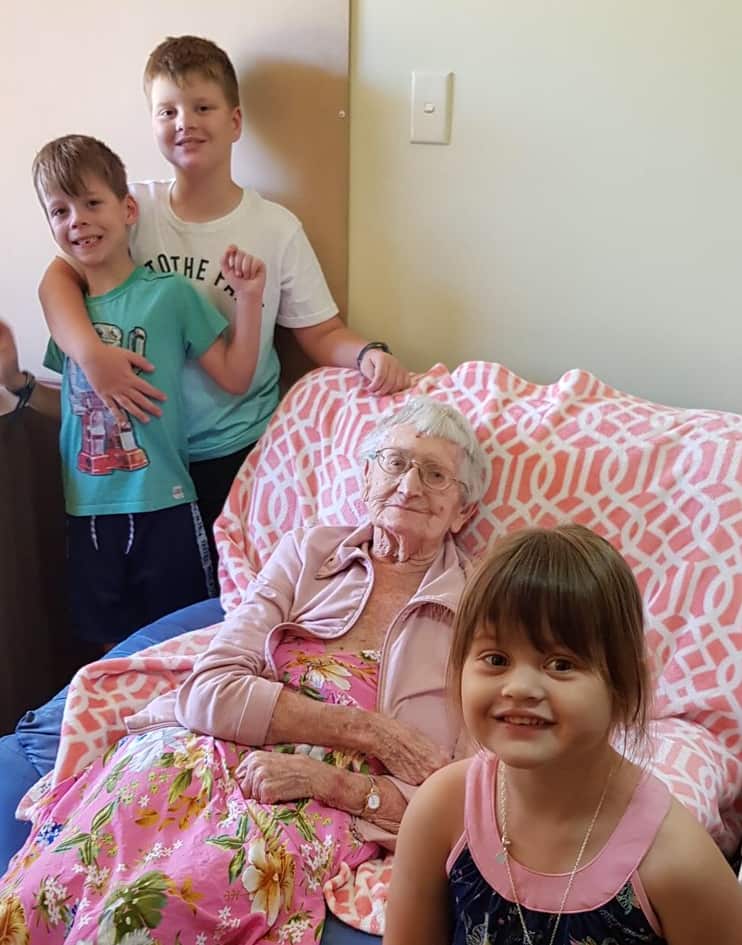 Mollie Manley with great grandchildren Logan, 9, Evan, 7, and Jasmine, 3.